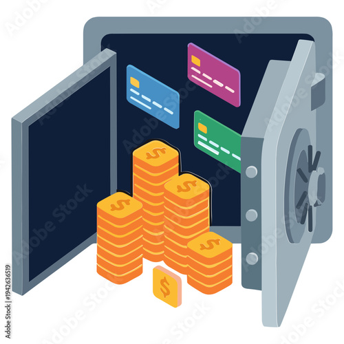 An open safe displays stacks of money and credit cards inside.
