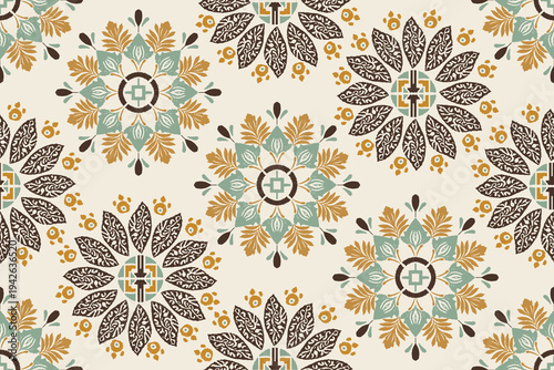 Vintage Boho Floral Medallion Seamless Pattern, Ethnic Botanical Geometric Background.Retro Motifs Ikat floral embroidery Textile Design.Traditional Floral Vector damask.ethnic oriental folklore.