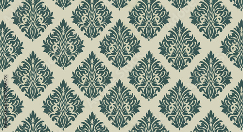 Traditional seamless ornament pattern with detailed floral damask elements and timeless style