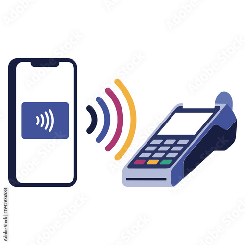 A smartphone with a contactless payment symbol communicates wirelessly with a payment terminal.