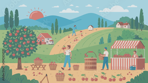 An illustration of a vibrant apple orchard with people harvesting and selling apples at a stand in a picturesque countryside setting.