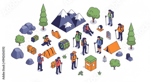 Camping Scene with People and Tents.