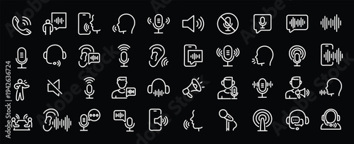 Voice web icons in line style. Sound wave, voice recognition, message, audio, speech, collection. Editable stroke. Vector illustration.