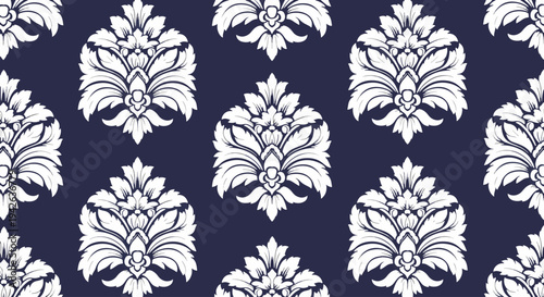 Sophisticated seamless ornament with floral damask shapes in neutral tones over navy canvas