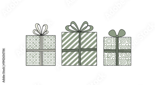 Set of three differently sized and patterned gift boxes in a muted green and white color palette for elegant celebrations.