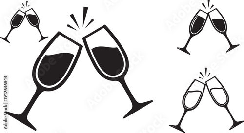 Clinking wine glasses celebration toast icon set in black