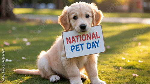 Adorable golden retriever puppy celebrating national pet day outdoors in sunny park