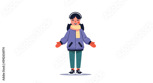 Young girl wearing a purple winter jacket, scarf, and earmuffs standing with open arms and a friendly smile.