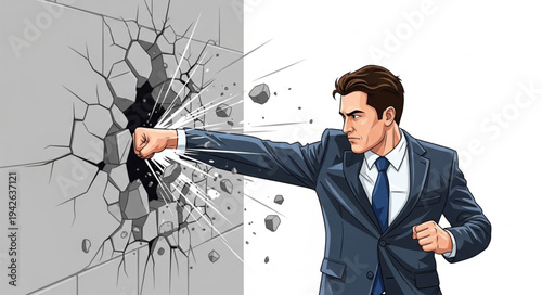 Businessman Breaking Through Wall Obstacle.