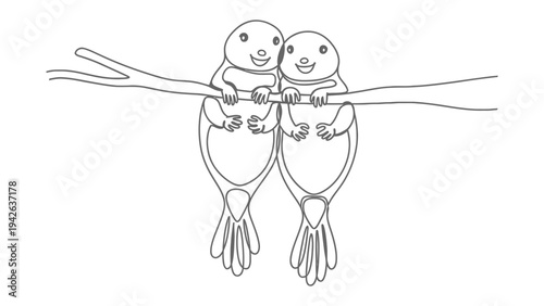 Cheerful Couple Bird Perched on a Branch: A heartwarming illustration depicts a pair of charming birds, side by side, perched serenely on a tree branch, creating a scene of warmth and affection.