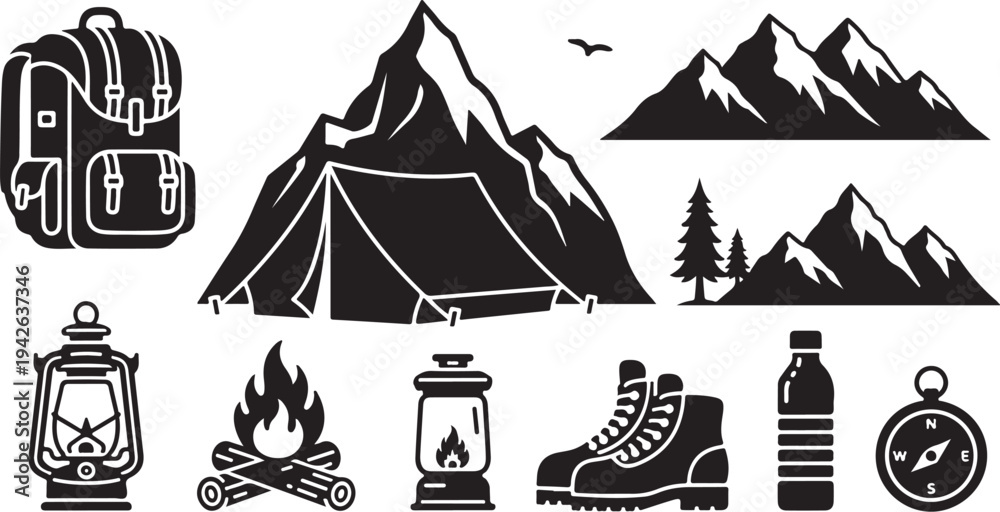 Fototapeta premium Camping and hiking icons in black and white color
