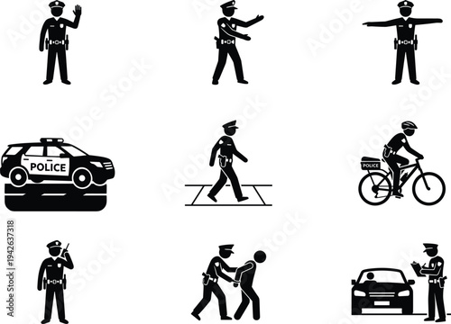 Professional Police and Law Enforcement Icon Set Featuring Officers Directing Traffic Patrolling on Bicycles and Conducting Vehicle Stops