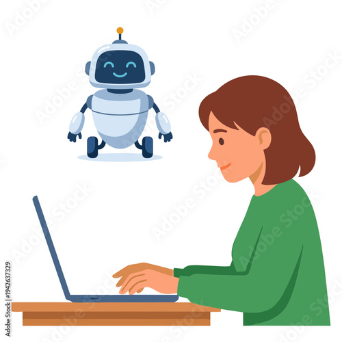 A woman works on her laptop with a robot beside her.