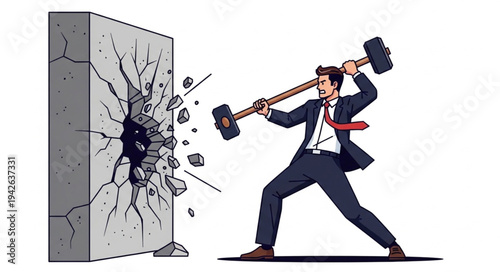 Businessman Breaking Wall with Sledgehammer.