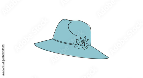 Stylish teal blue sun hat for women featuring a wide brim and delicate flower decorations on a white background.