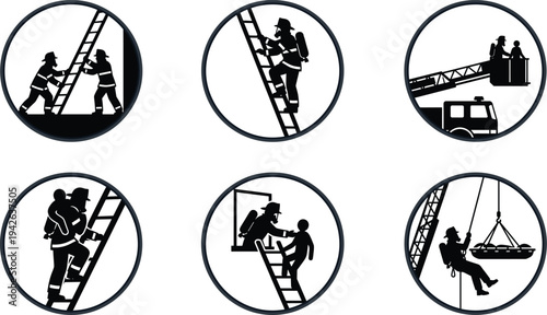 Professional Firefighter Rescue Operations Icon Set Featuring Emergency Ladder Climbs High-Rise Victim Saves and Aerial Fire Suppression