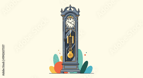 Antique style grandfather clock with a grey ornate casing and a golden swinging pendulum against a soft yellow background.