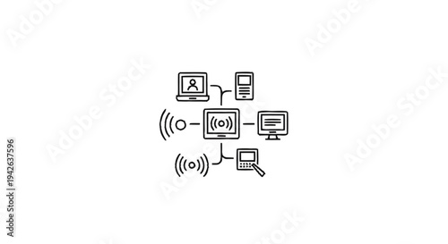 Network Diagram Illustrating Connected Devices and Wireless Signals.