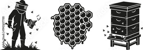 Professional Beekeeping and Honey Production Icon Set Featuring a Beekeeper in Protective Suit Honeycomb and Managed Beehive