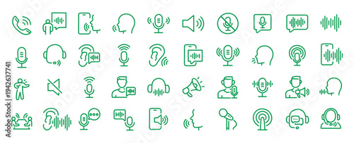 Voice web icons in line style. Sound wave, voice recognition, message, audio, speech, collection. Editable stroke. Vector illustration.