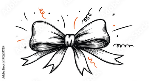 Elegant hand drawn black and white bow decorated with festive swirls dots and star confetti for a celebration theme.
