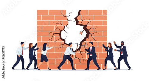 Businessmen Breaking Through Brick Wall.