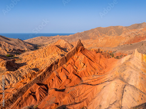 Aerial view of Colorful Desert Formations in Fairy Tale Canyon, Kyrgyzstan