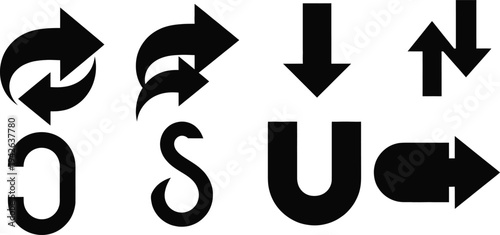 Collection of stylized arrows and letters in black on white background