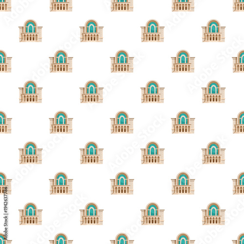 Seamless pattern repeating classical building balconies with arched windows