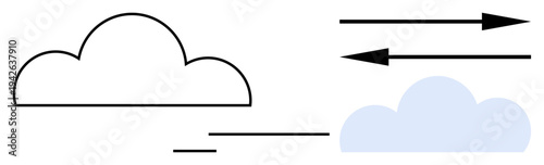 Wind motion, weather, climate, air circulation, meteorology, atmospheric science. Outline of a cloud, arrows indicating wind. Wind motion and weather visualization concept