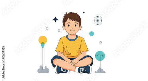 Young boy sitting comfortably on the floor with his legs crossed and smiling pleasantly in a bright yellow t shirt.