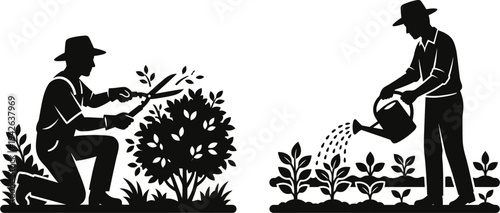Professional Gardener Silhouettes Featuring Male Workers Pruning Bushes with Shears and Watering Seedlings in the Garden