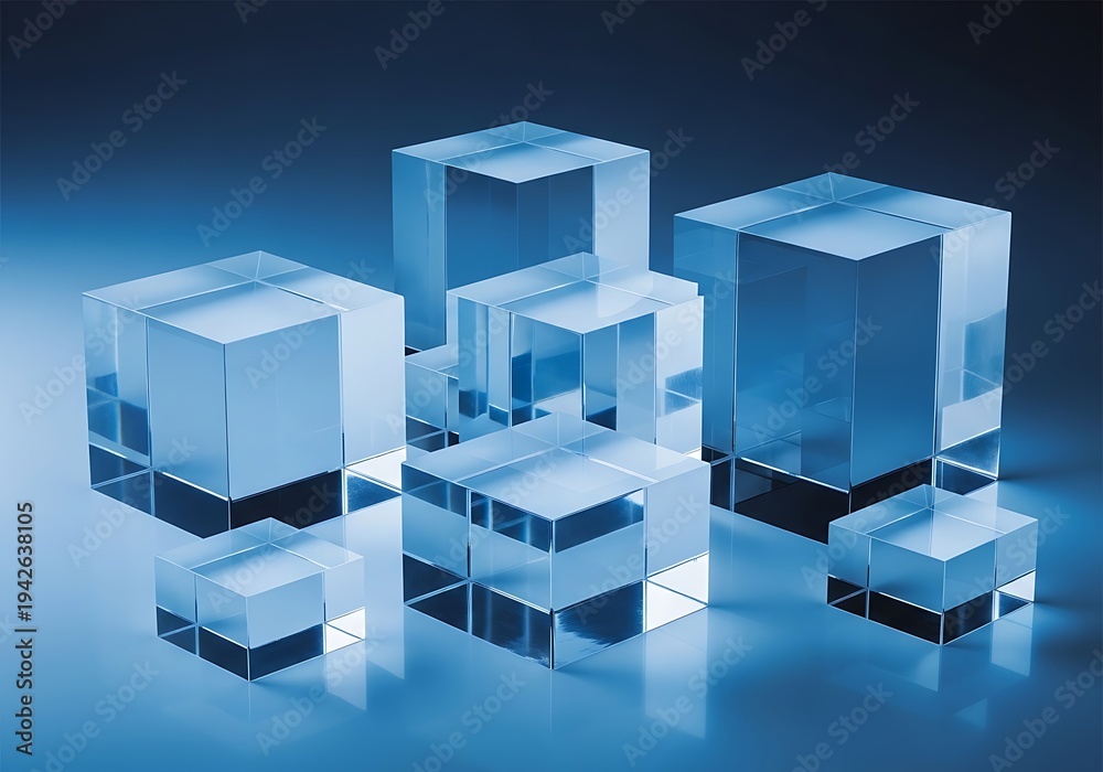 Obraz premium Glass cubes of various sizes on reflective surface with blue gradient background