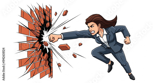 Businesswoman Breaking Through Brick Wall.