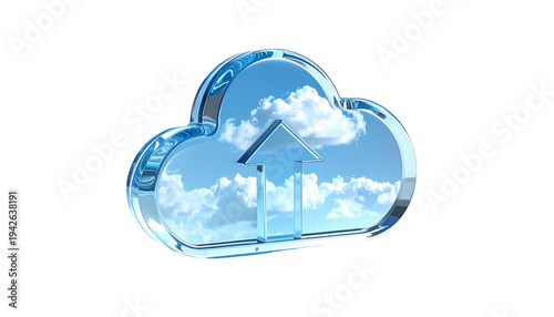 A clear, glass-like cloud with an upward arrow, filled with sky and clouds, on black background