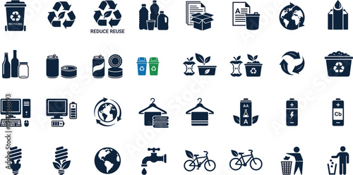 Comprehensive Eco-Friendly and Sustainability Icon Set Featuring Recycling Waste Reduction Green Energy and Global Environmental Conservation
