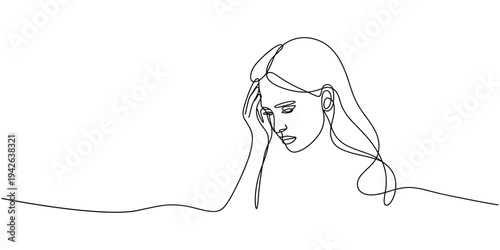 woman with confused feelings worried continuous one line drawing, Continuous line drawings of a young woman feeling sad, tired and worried about mental health depression. problems, failures and broken