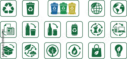 Eco-Friendly Recycling and Waste Management Icon Set Featuring Sorting Bins Renewable Energy and Sustainable Environment Symbols