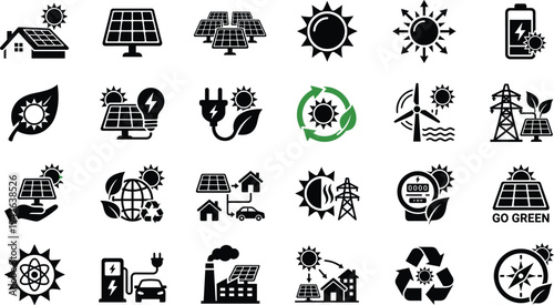 Sustainable Solar Energy Icon Set Featuring Solar Panels Wind Turbines Green Technology and Renewable Power Systems