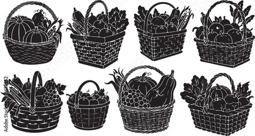 Illustration of various wicker baskets filled with fresh vegetables