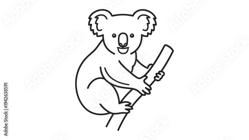 Koala on Branch Outline: A cute koala clinging to a tree branch, illustrated in a simple outline style, evokes a sense of Australian wildlife and natural charm.