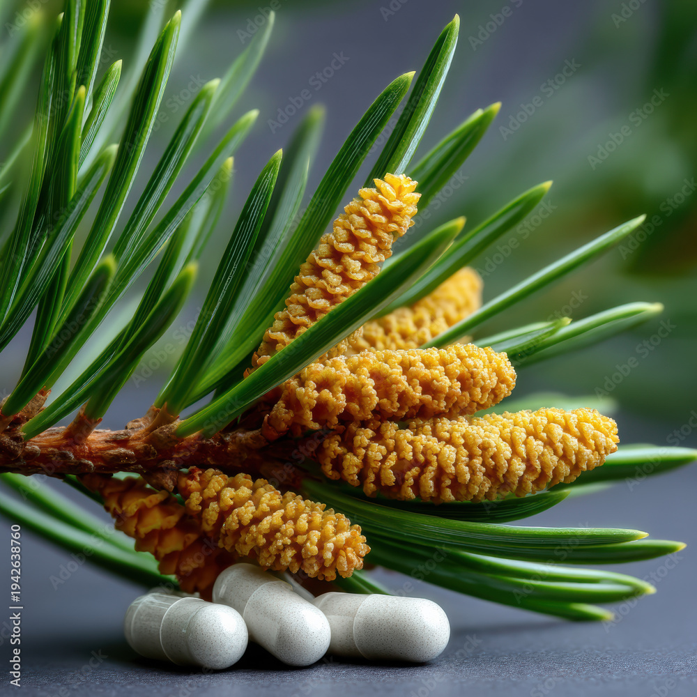 Fototapeta premium Pine pollen extract supplement capsule with fresh pine needles and pollen cone, natural health product, herbal remedy, close up