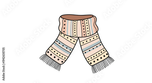 Winter scarf with decorative patterns of dots and stripes in soft pastel colors to represent warmth and seasonal fashion.