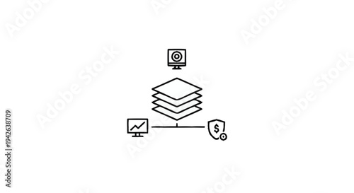 Network security and data management system illustration.