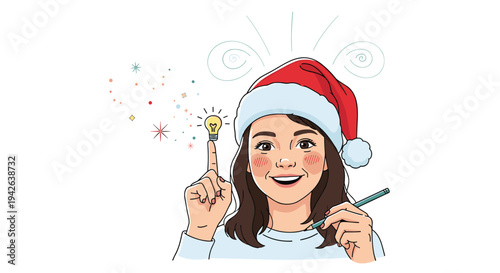 Cheerful woman wearing a Santa hat holds a pencil while a glowing lightbulb idea appears above her finger for holiday inspiration.