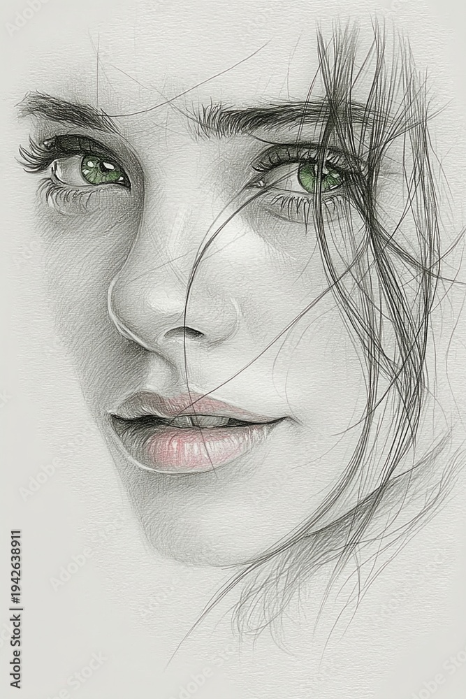 Obraz premium Realistic pencil portrait of young woman with green eyes. Artistic hand drawn illustration on paper. Beauty, art, drawing and creative concept.