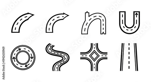 Road Icons - Curvy, Circular, and Straight Road Designs.