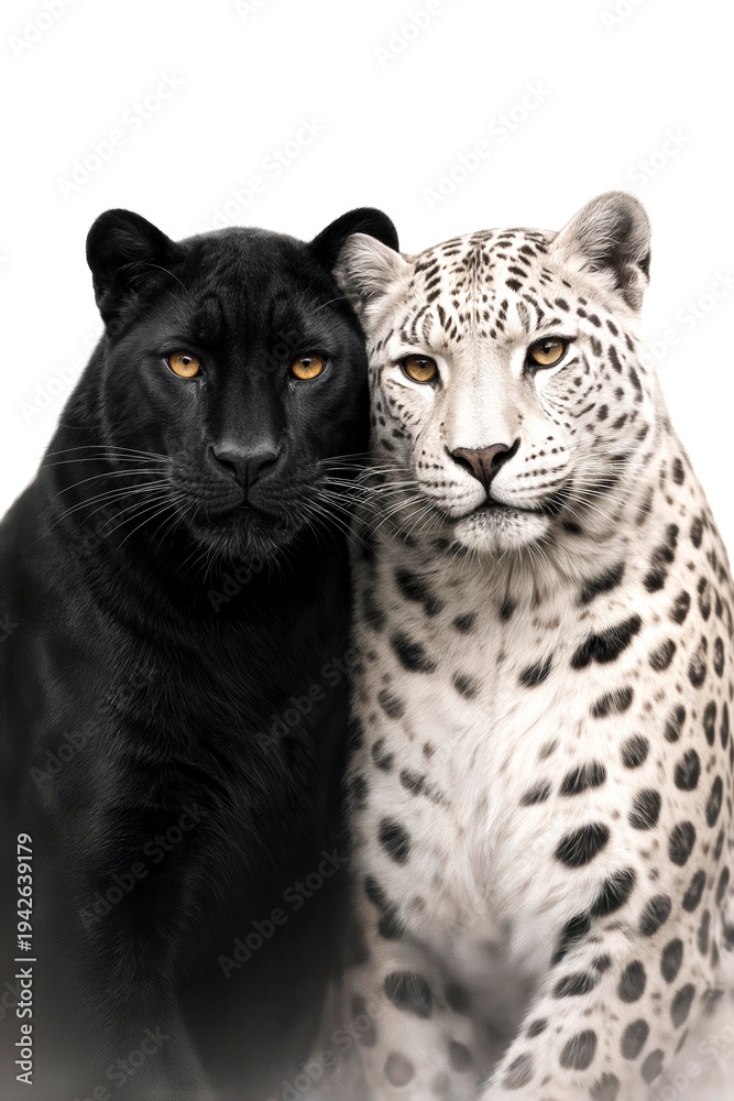 Obraz premium Black panther and white leopard portrait, elegant big cats wildlife duo on minimal background