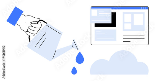SaaS, data storage, cloud technology, growth concept, digital innovation, web hosting. A hand with a watering can, droplets cloud and website interface. SaaS and data storage for digital