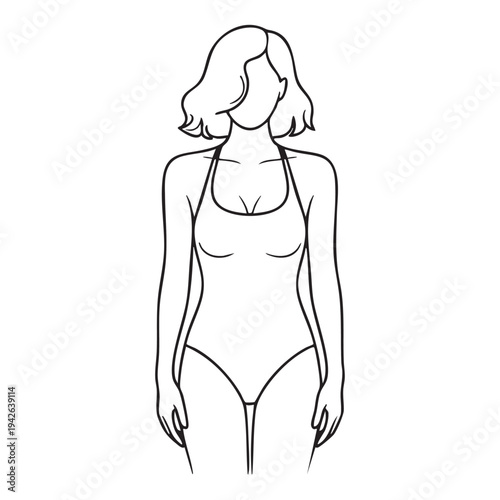 Minimalist black and white vector illustration graphic of a woman wearing a halter neck one piece swimsuit for fashion design concepts